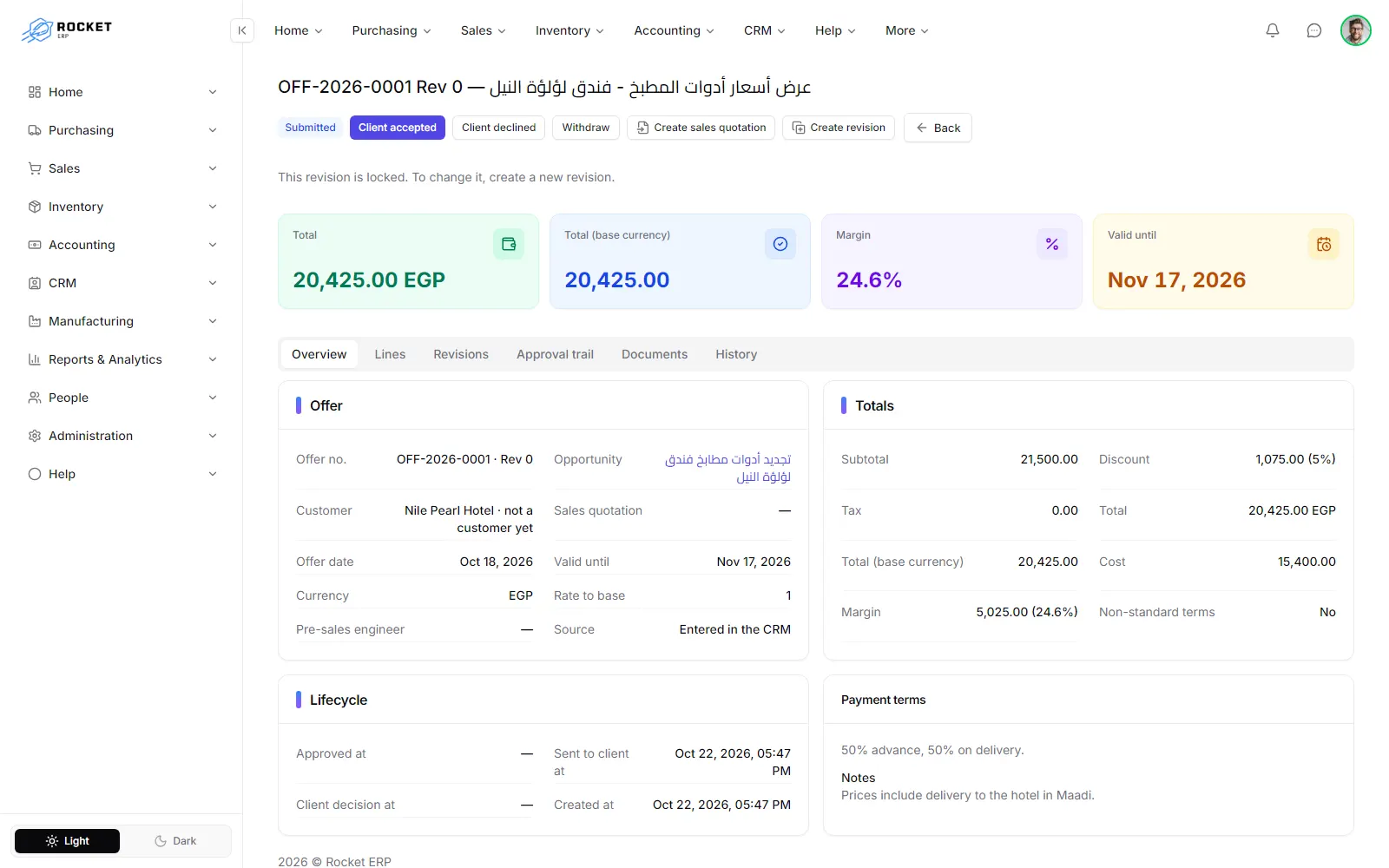 An offer page with its status, actions, totals and tabs
