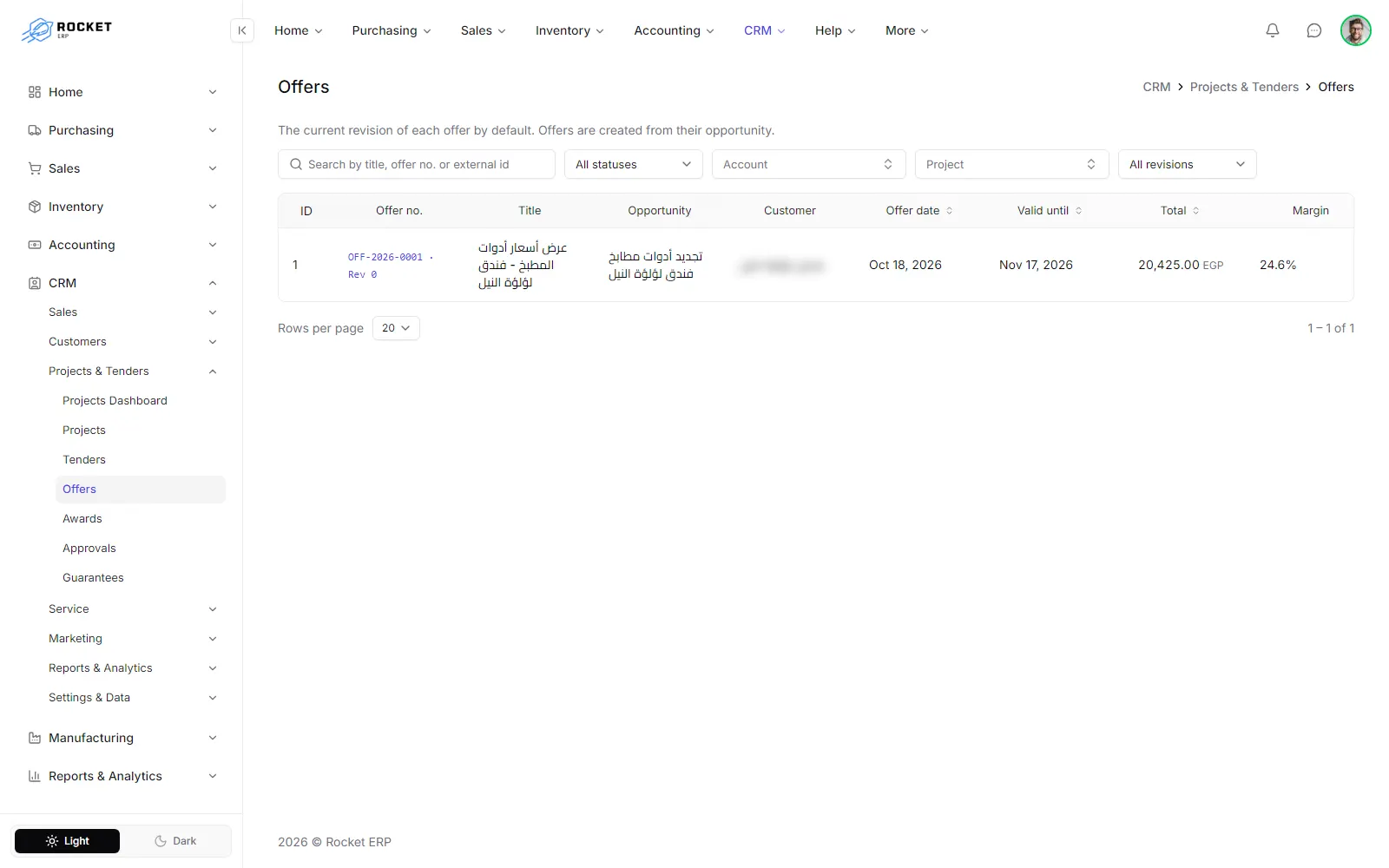 The offers list with the current revision of each offer