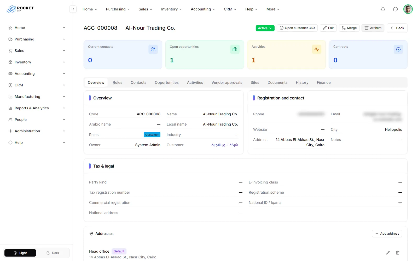 An organisation page with its tabs and the address book