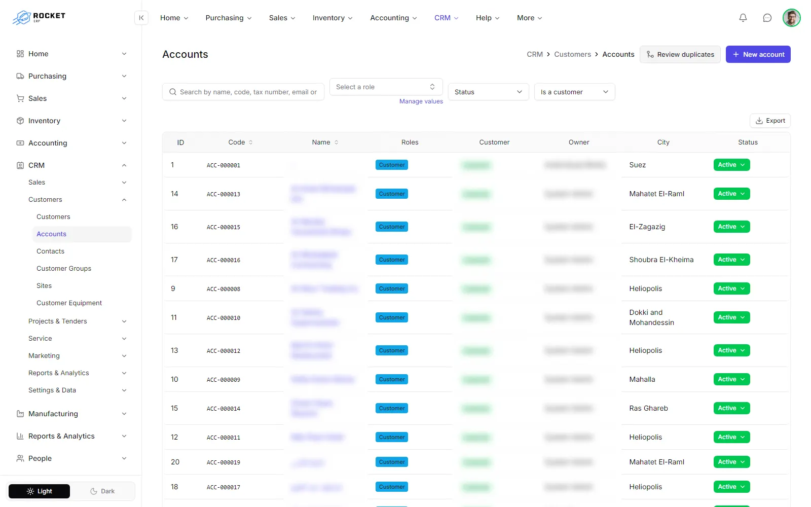The organisations list with the search, filters and the New account button