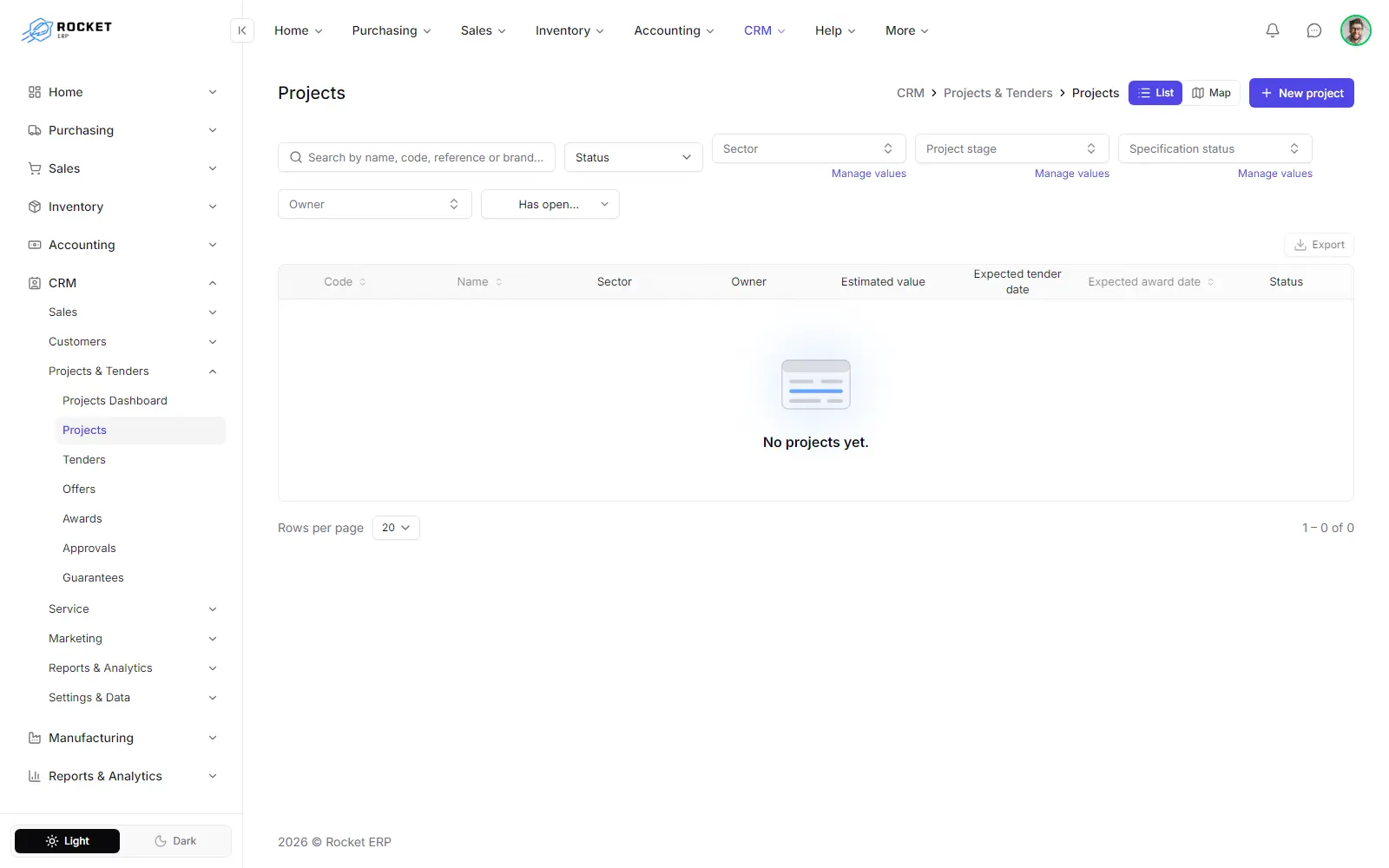 The projects list with the filters, the list and map views and the New project button