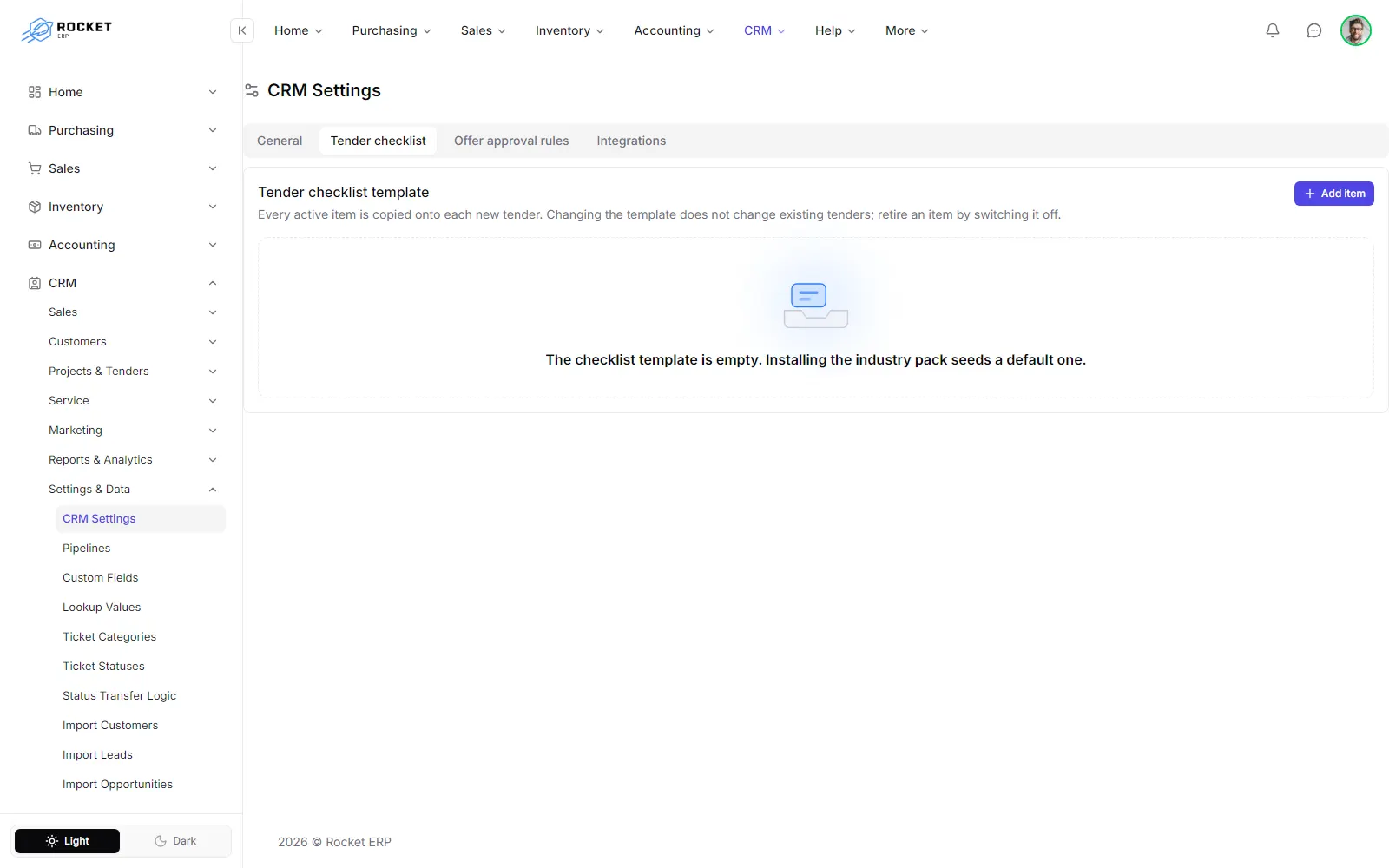 The tender checklist template in CRM settings