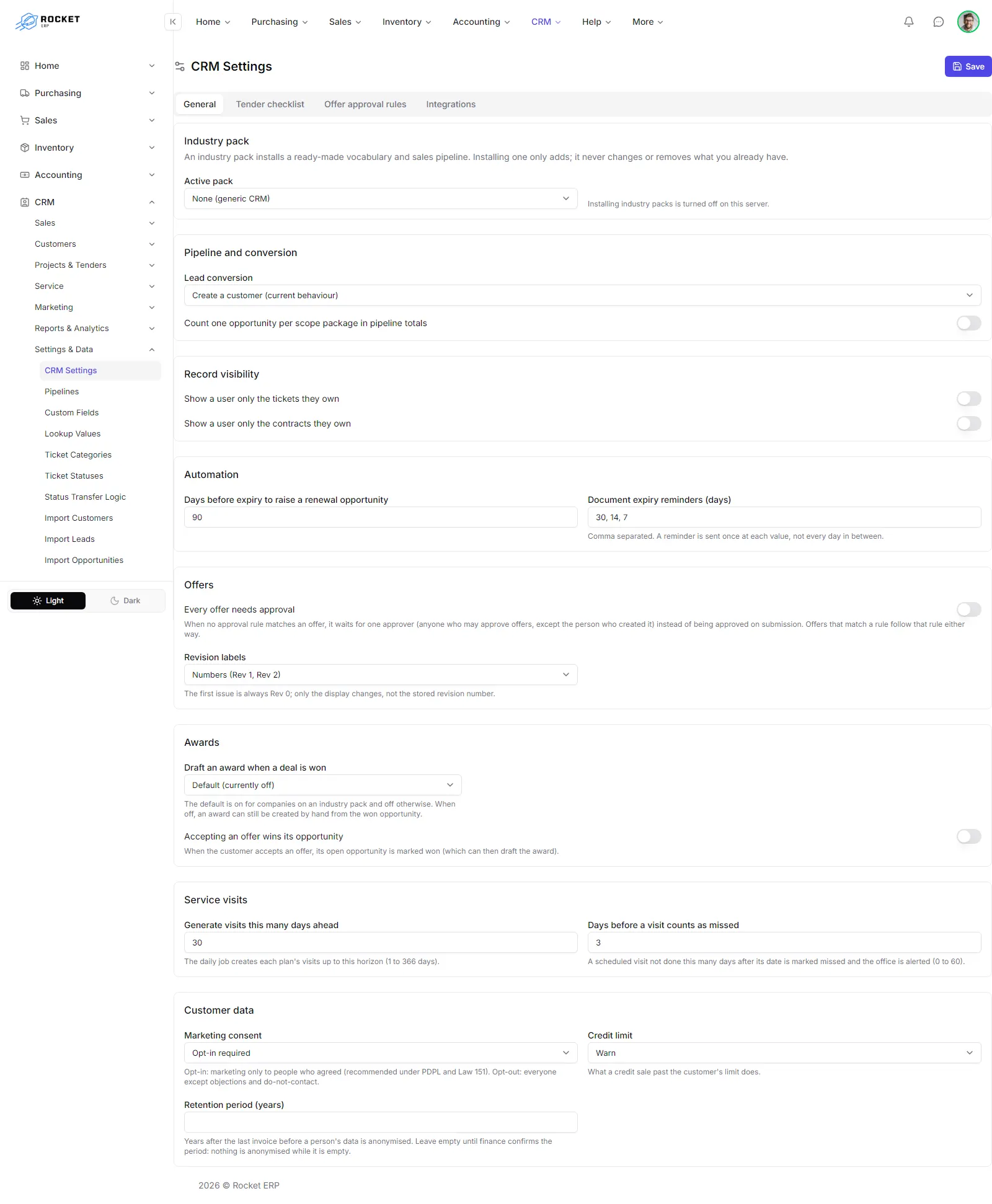 The General tab of CRM settings with its sections