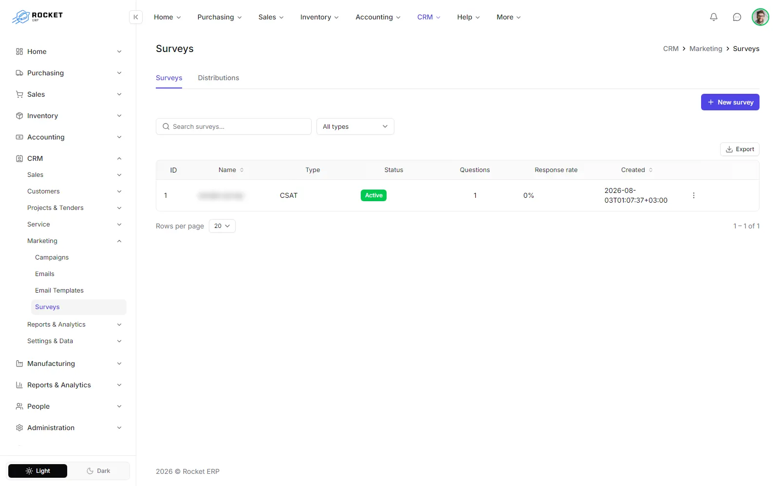 The surveys list with questions, response rate and the New survey button