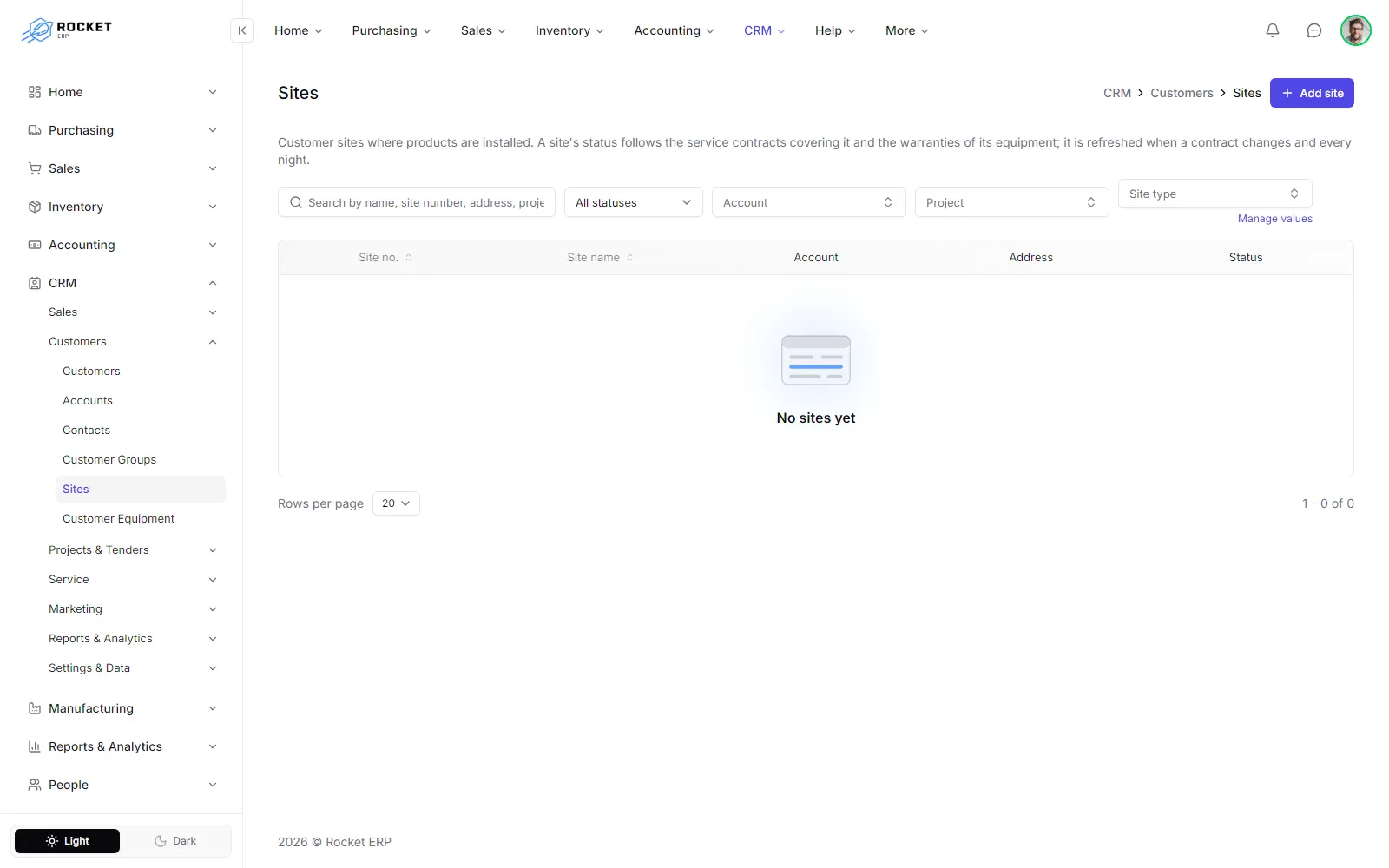 The sites list with site number, name, account, address and status