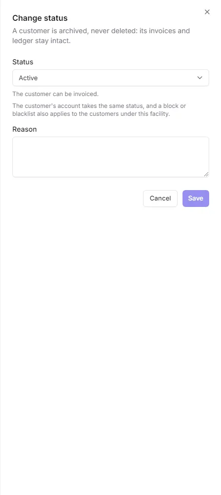 The Change status panel on Customer 360