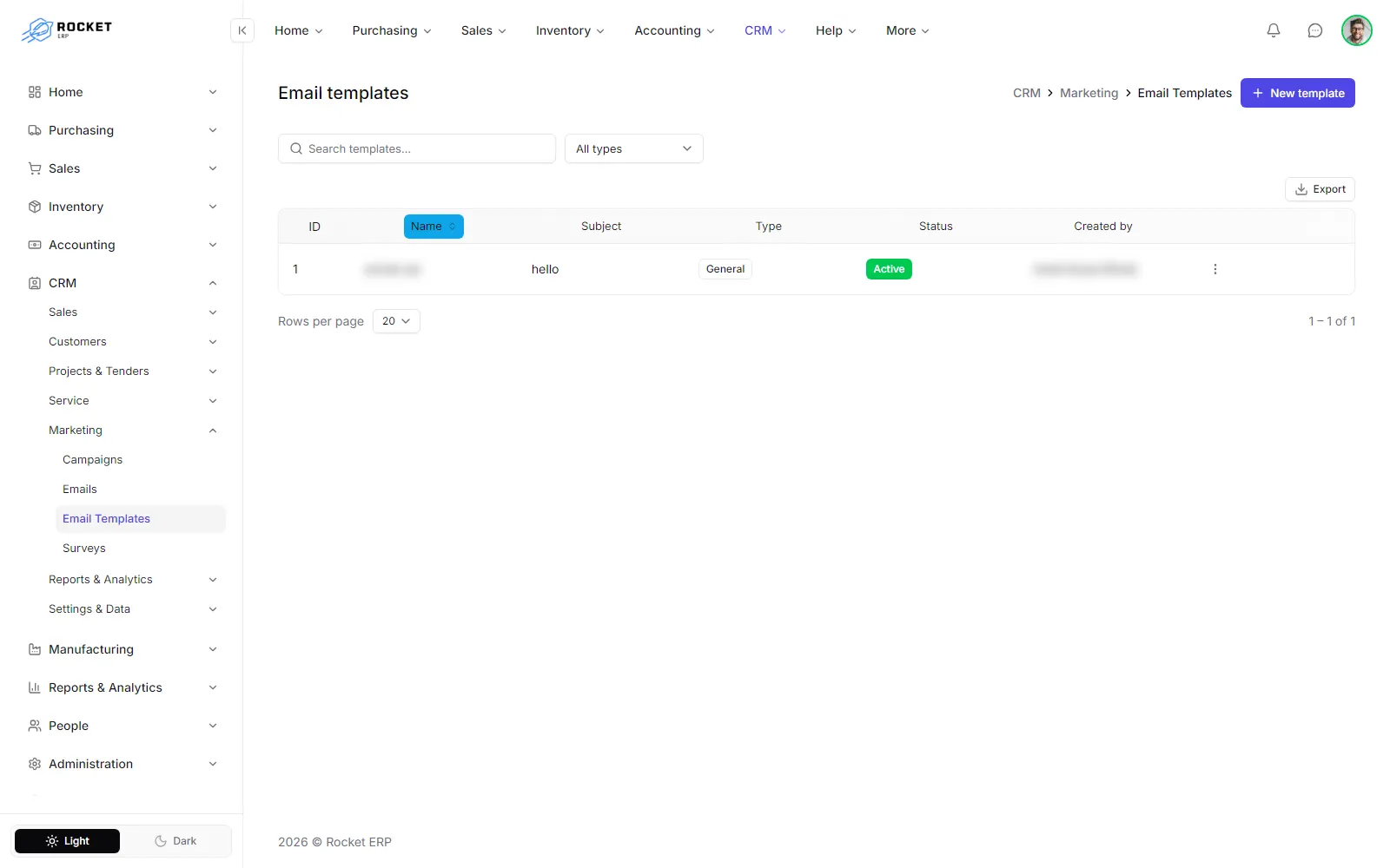 The email templates list with the type filter and the New template button
