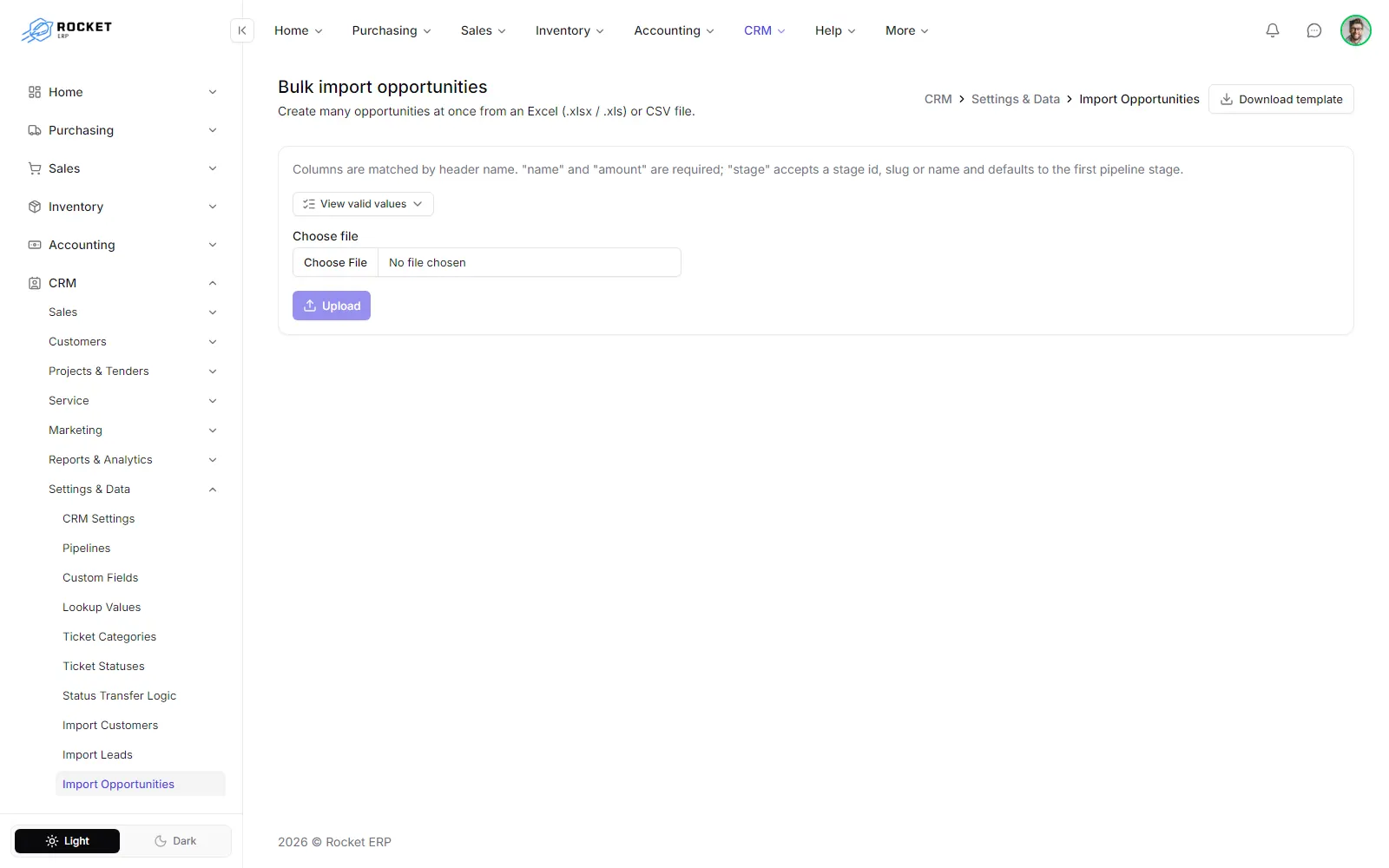 The opportunity import screen with the template and the upload