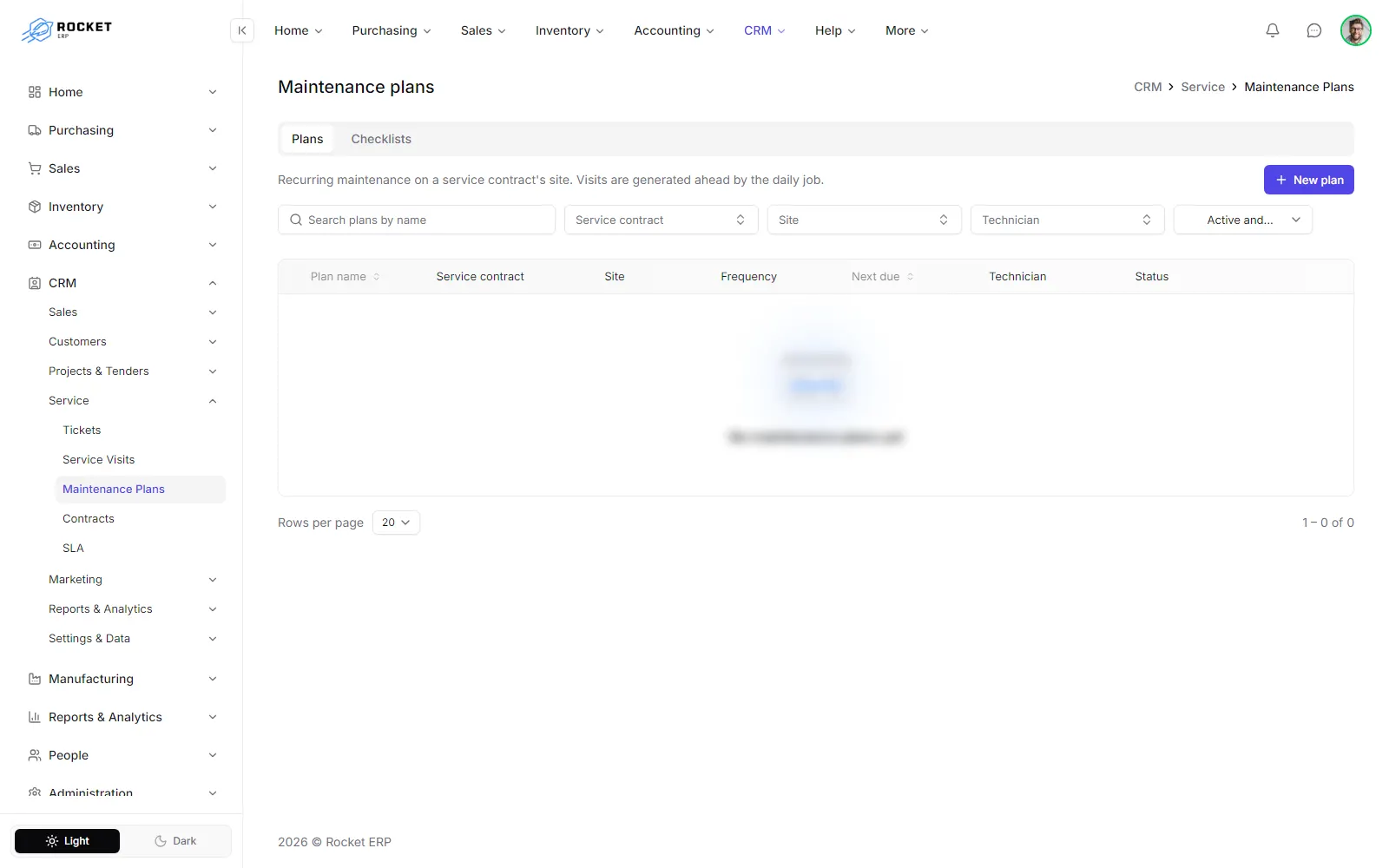 The maintenance plans list with plan name, frequency, next due date and status