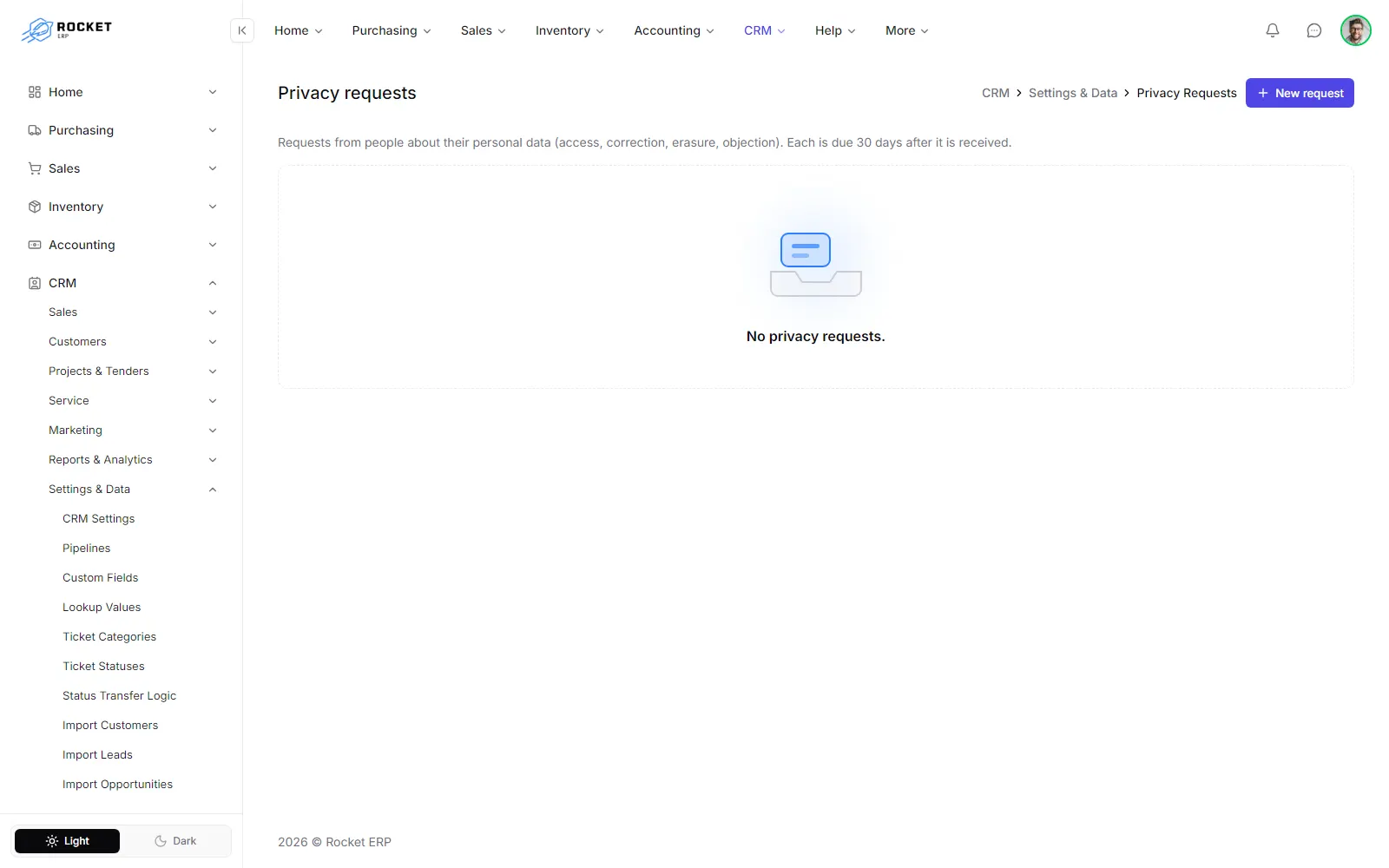The privacy requests register with the due dates and the export button