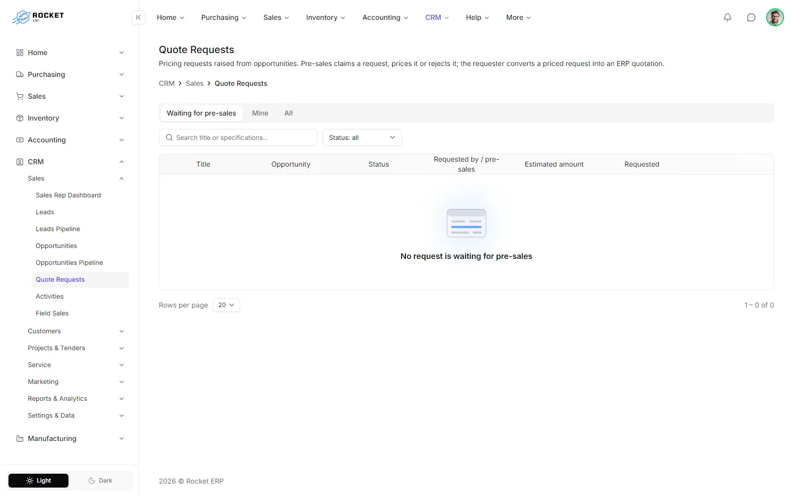The quote requests queue with the status filter and the Claim button