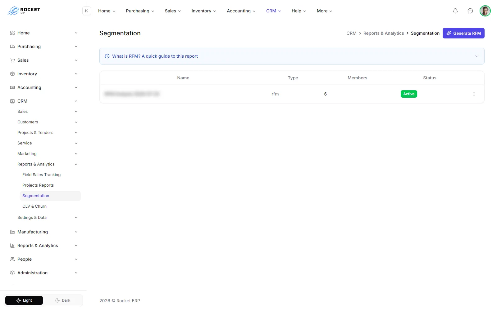 The segmentation screen with the Generate RFM button and the list of generated segments