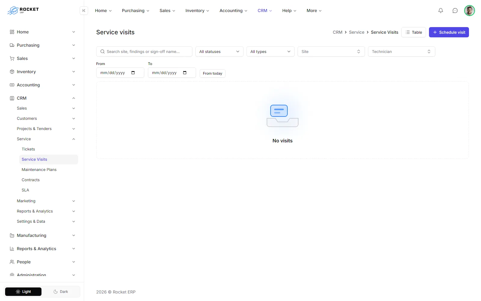 The service visits list with scheduled date, site, visit type, technician, source and status