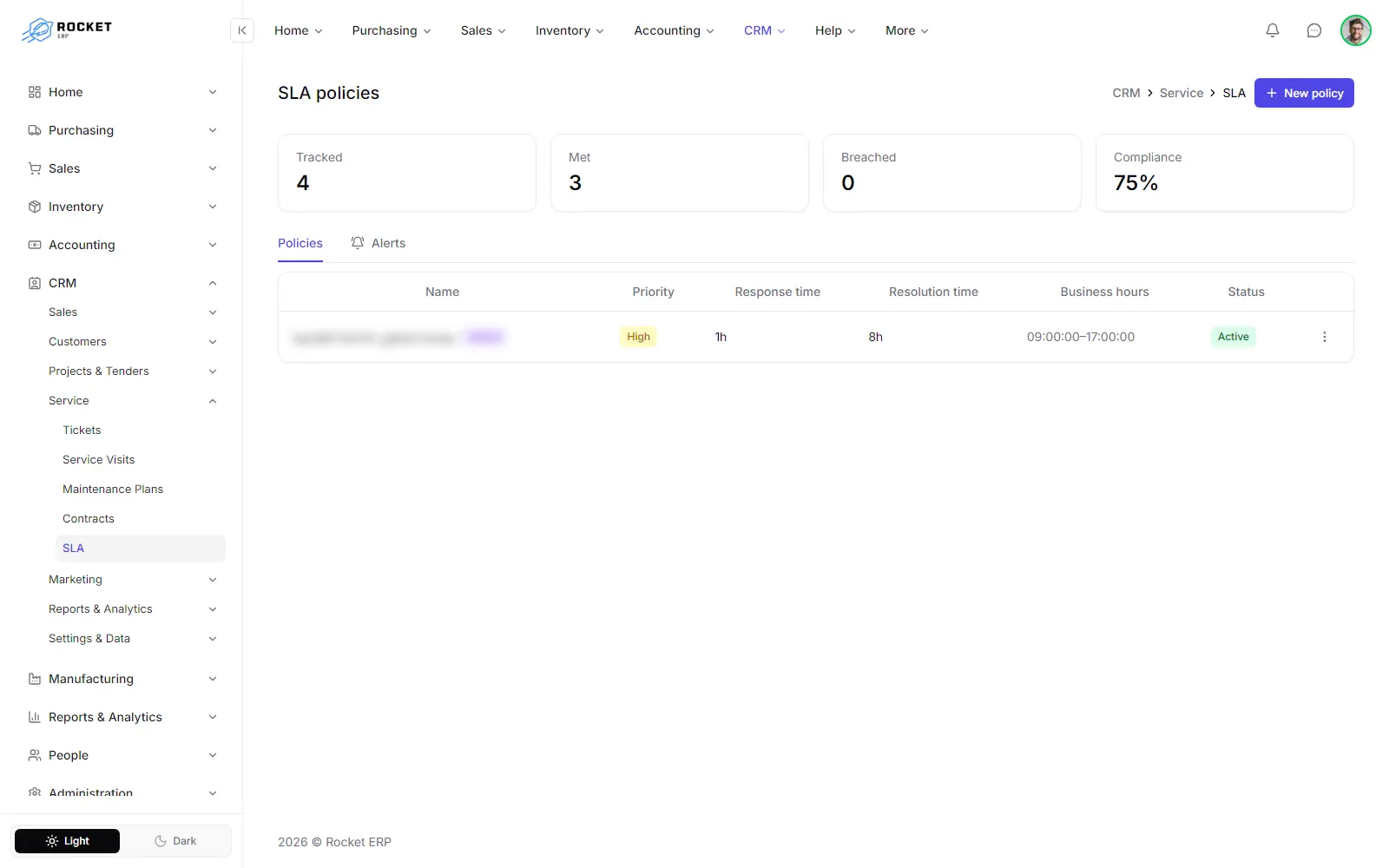 The SLA policies screen with the compliance figures and the Policies and Alerts tabs
