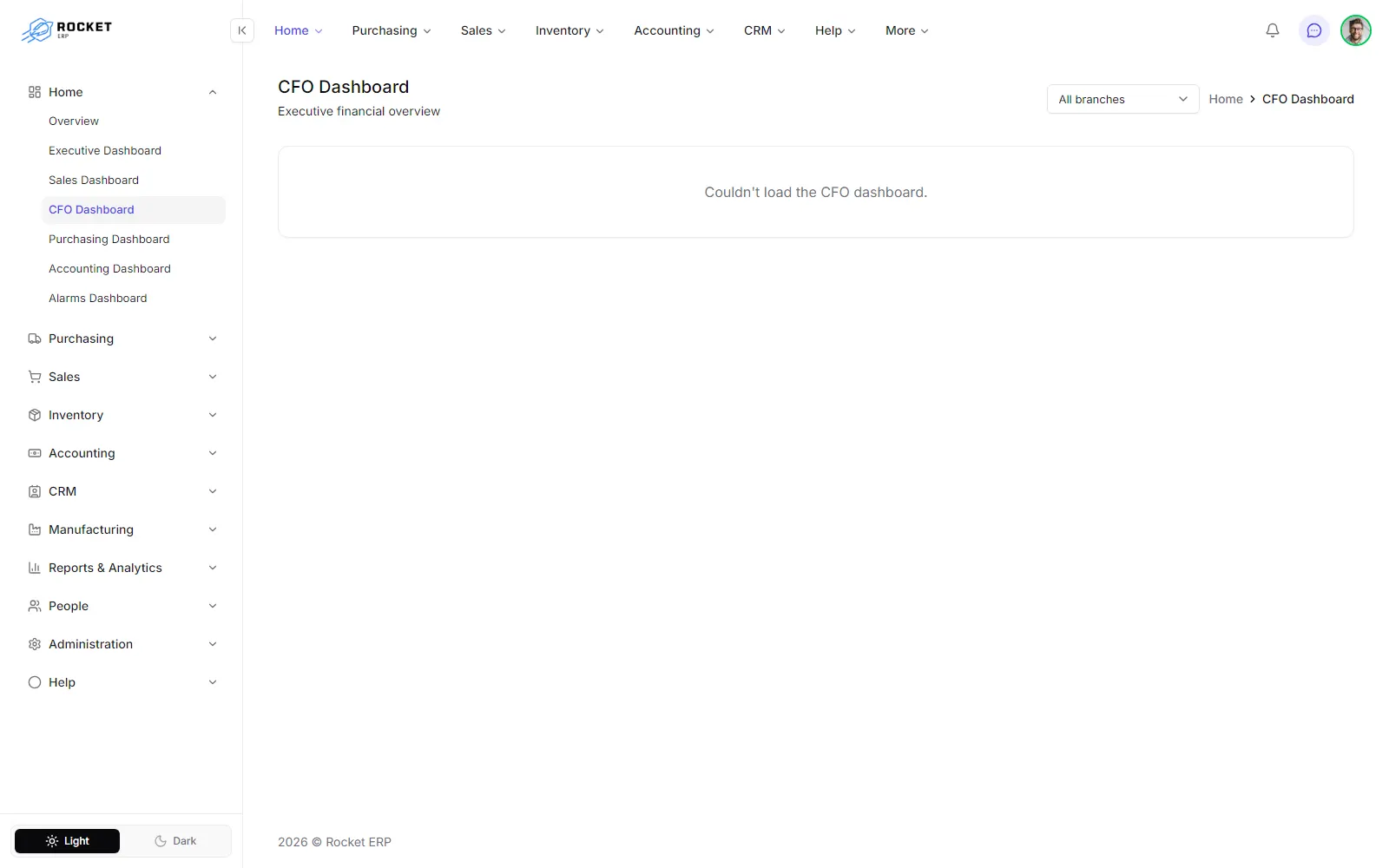 The CFO dashboard with its four balance tiles and the active work orders table