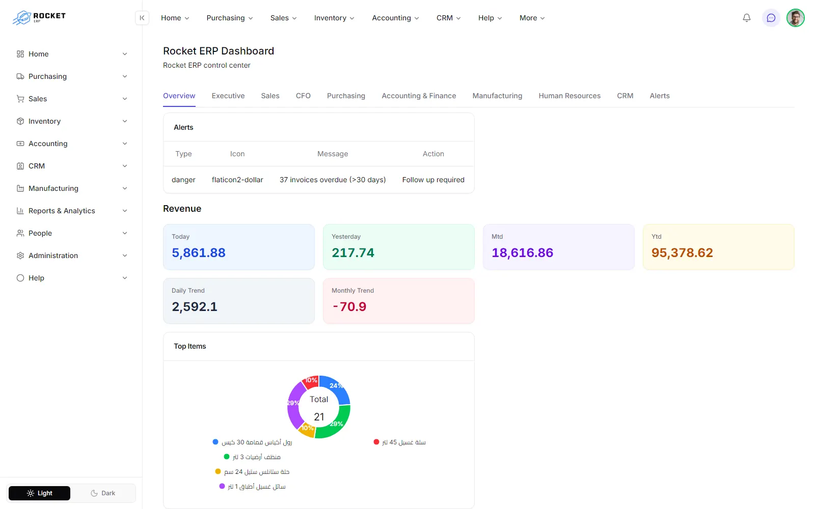 The Overview page with its row of dashboard tabs