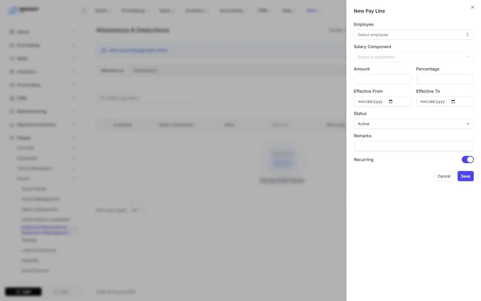 The new allowance form with employee, component, amount or percentage and effective dates