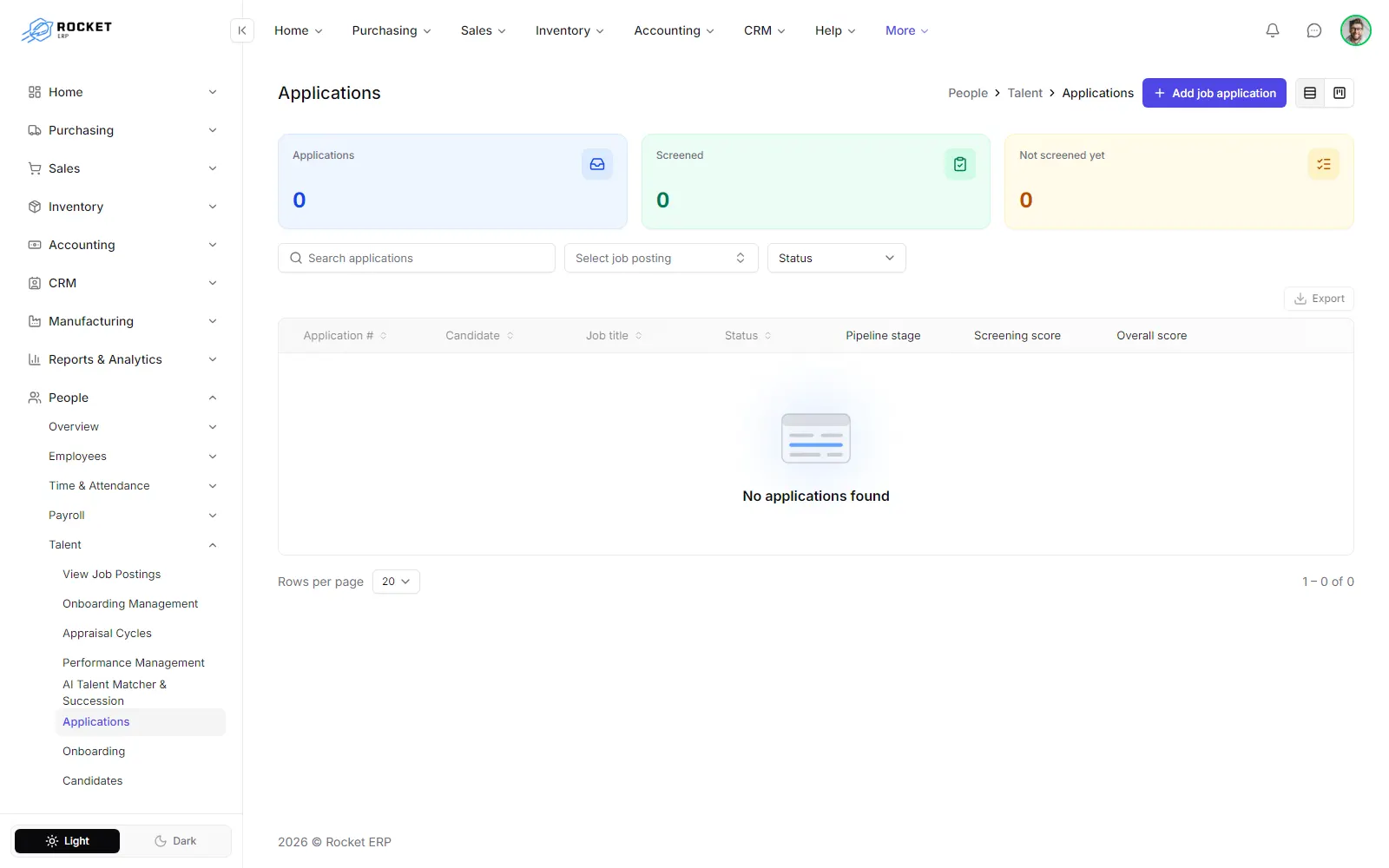 The applications list with candidate, job posting, status, pipeline stage and scores