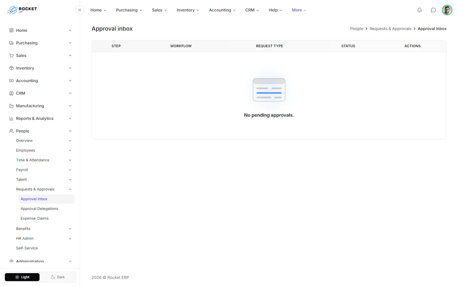 The approval inbox with pending steps and their approve and reject actions