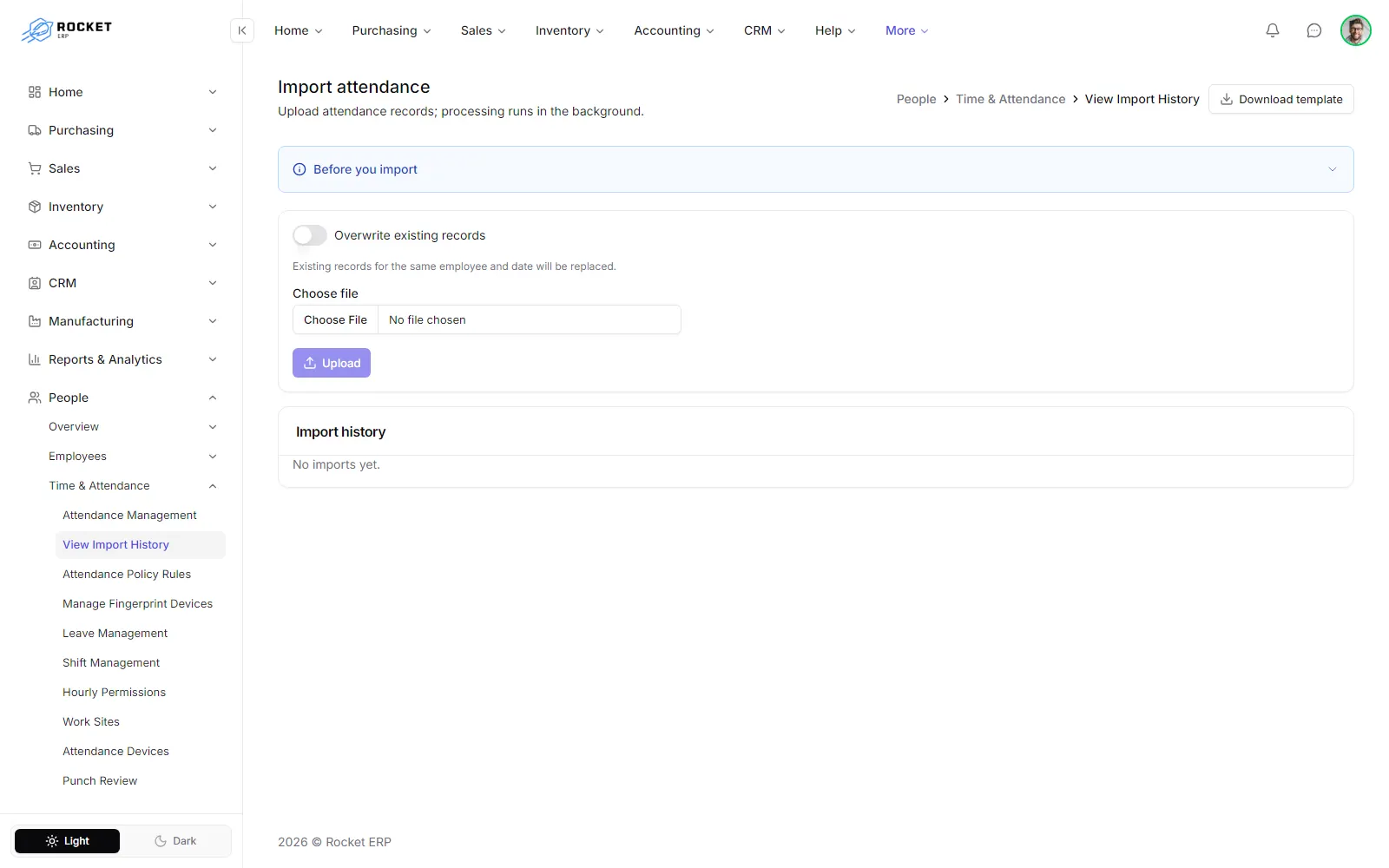The attendance import screen with the upload panel and the import history