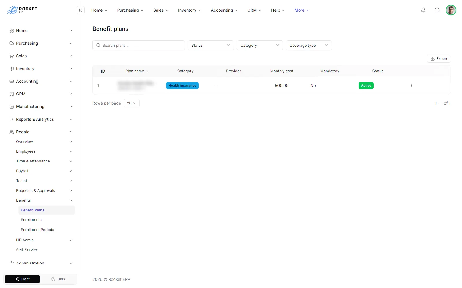 The Benefit plans list with each plan's category, provider, monthly cost, mandatory flag and status
