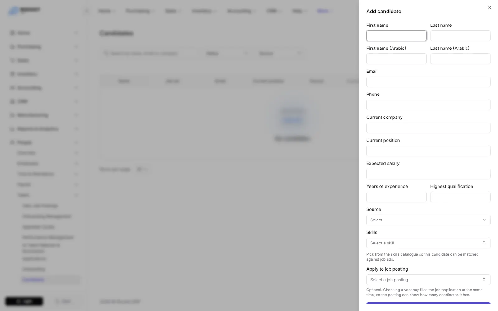 The add candidate form with names, contact details, source, skills and the optional job posting