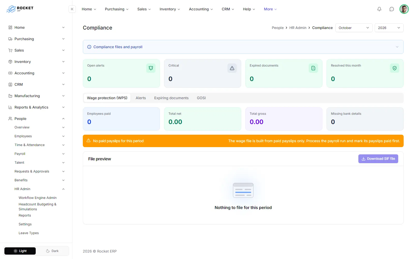 The compliance screen on the WPS tab with the employee count, totals and the file preview