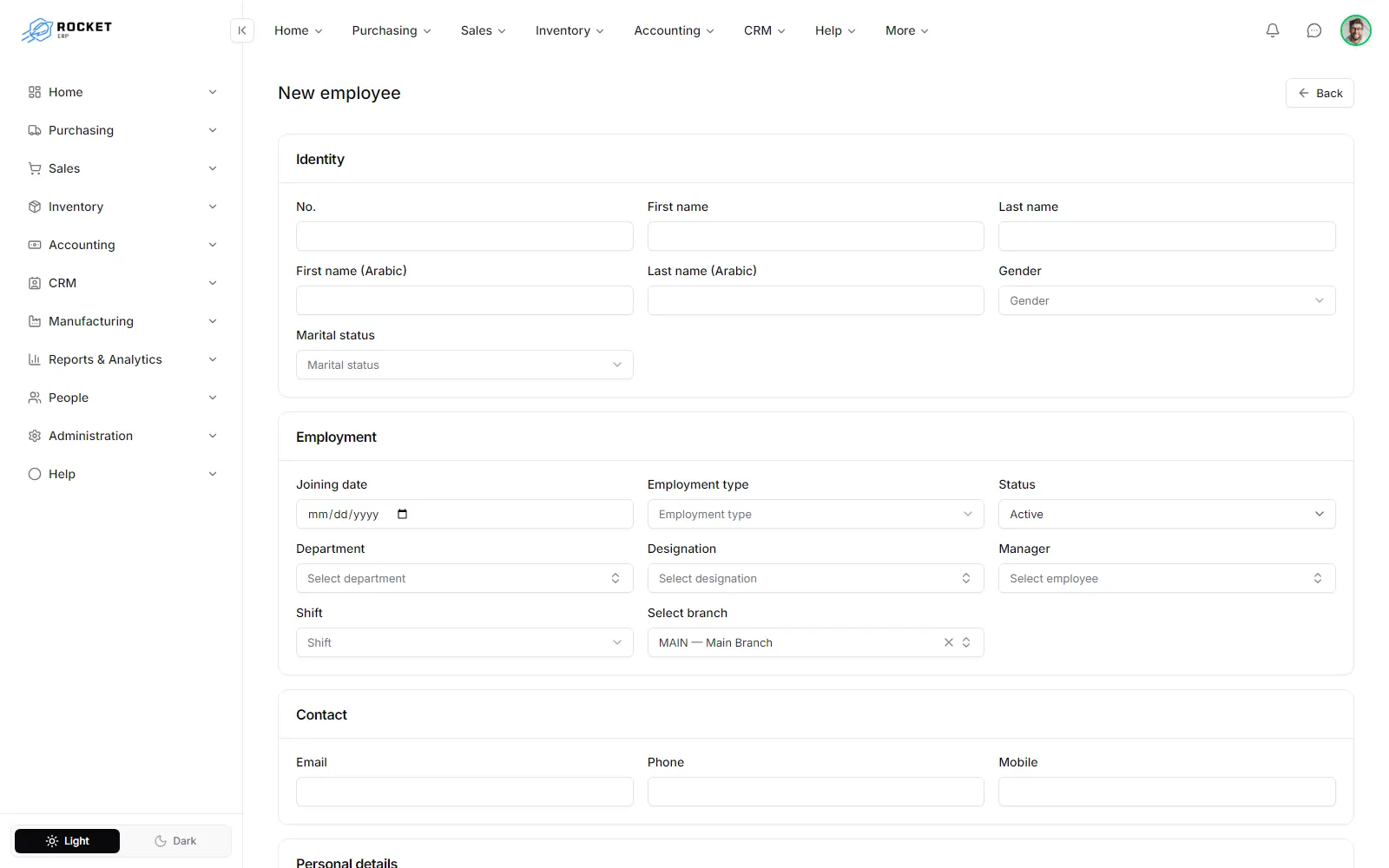 The new employee form with the identity and employment sections