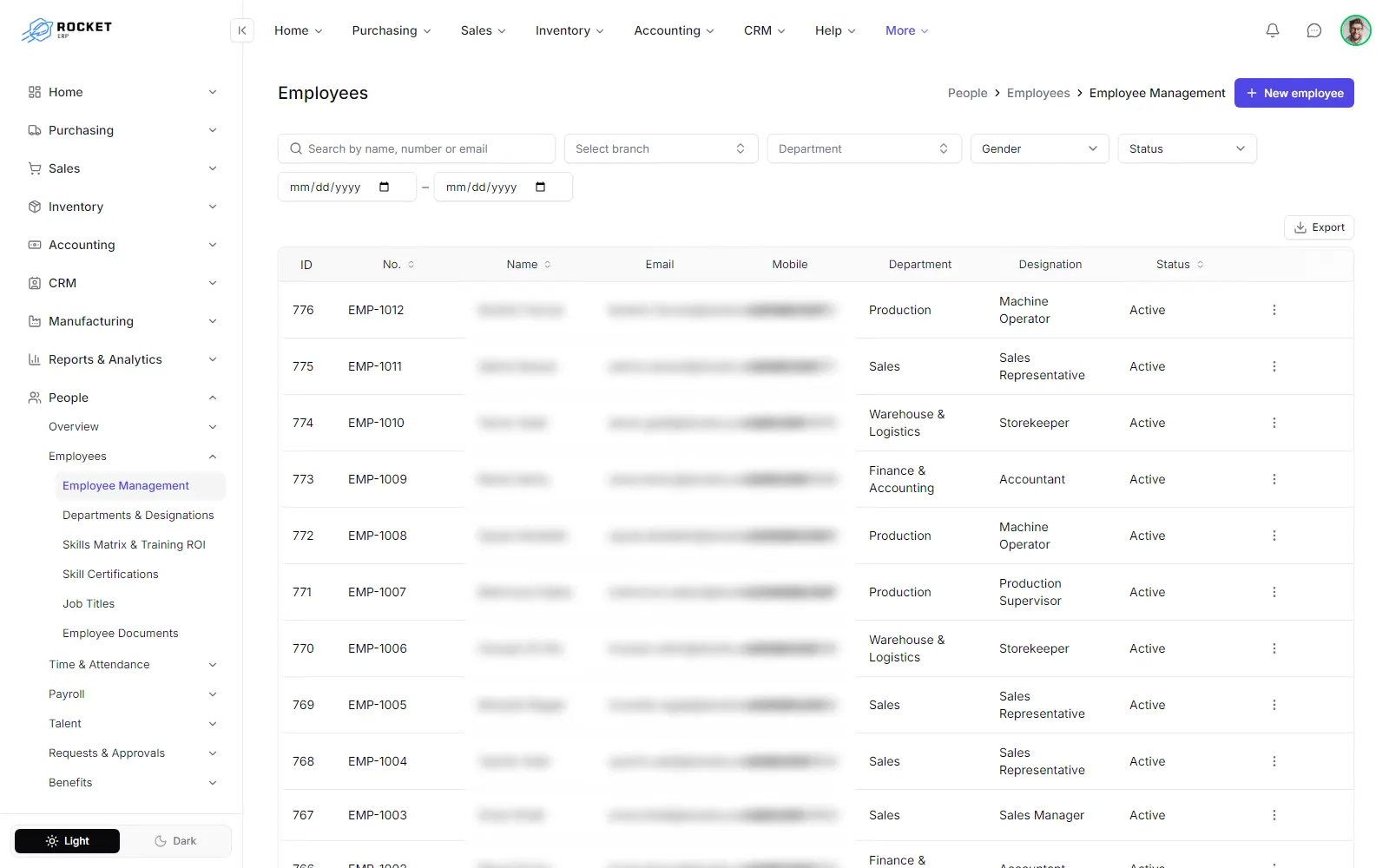 The employee list with the search box, filters and the actions menu