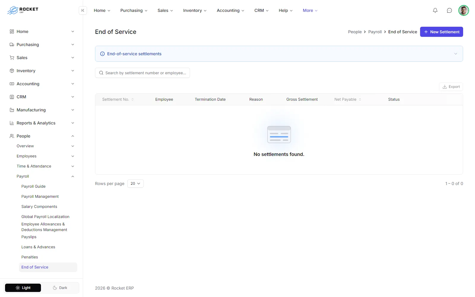 The End of Service list with settlement number, employee, dates, amounts and status