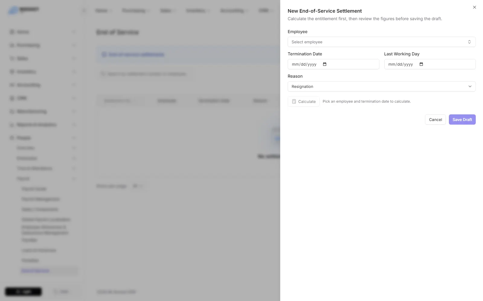 The New End-of-Service Settlement form with employee, dates, reason and the Calculate button