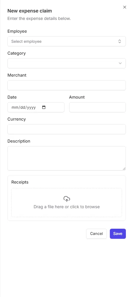 The new expense claim form with employee, category, date, amount and receipts