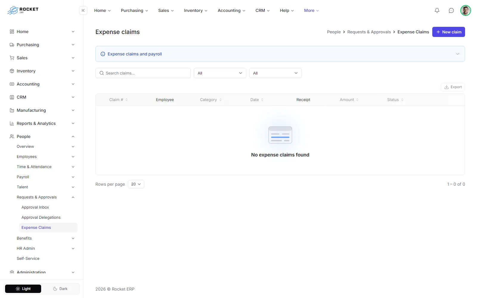 The expense claims list with claim number, employee, category, amount, receipts and status