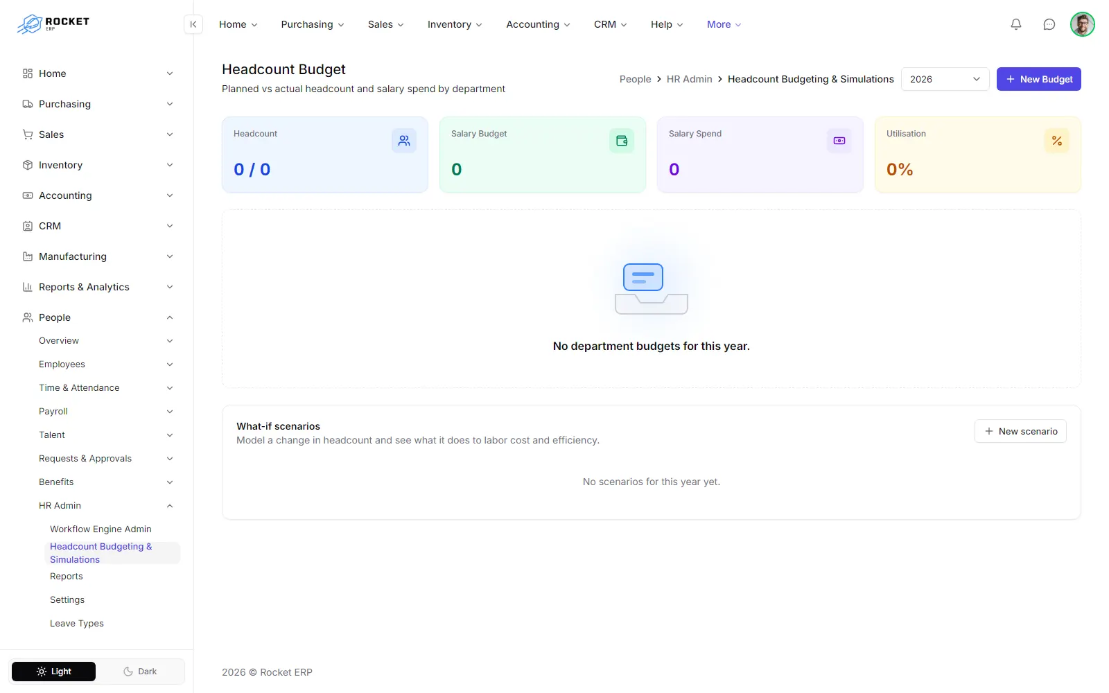 The headcount budget dashboard with KPI cards, the target versus actual chart and the department table