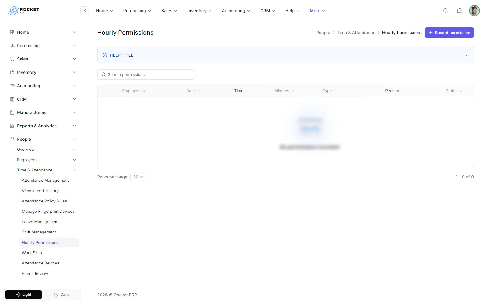 The Hourly Permissions list with the employee, date, time span, minutes, type and status of each permission
