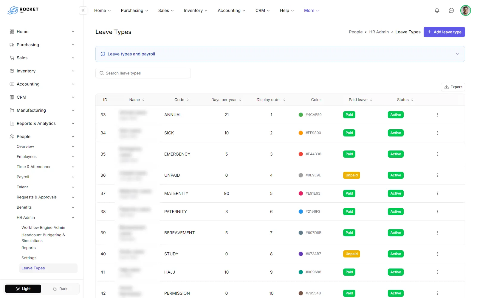 The Leave Types list with each type's code, days per year, paid setting and status
