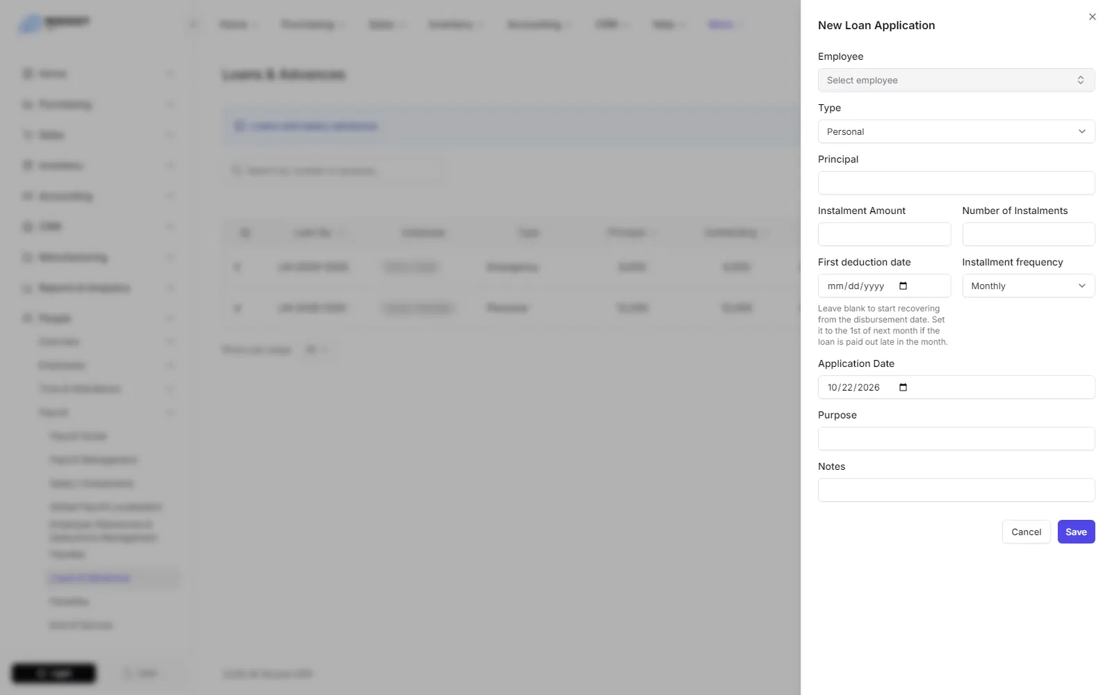 The new loan application form with the principal, instalments and first deduction date