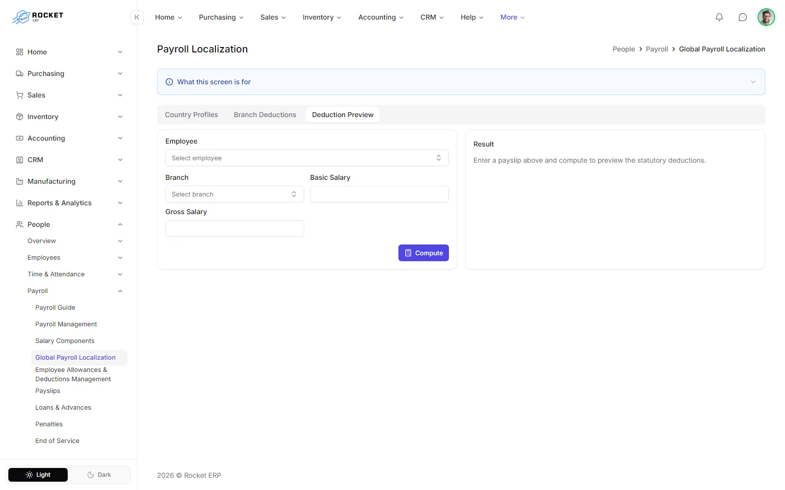 The Deduction Preview tab with the employee, branch, basic and gross salary fields