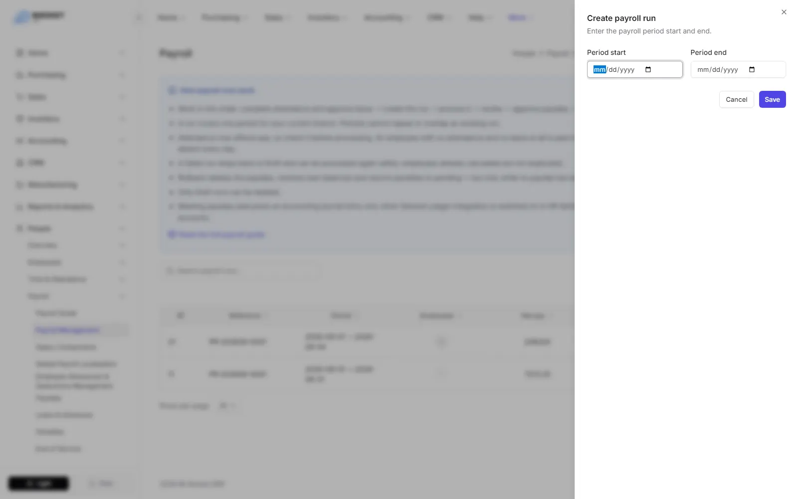 The Create payroll run panel with the period start and end dates