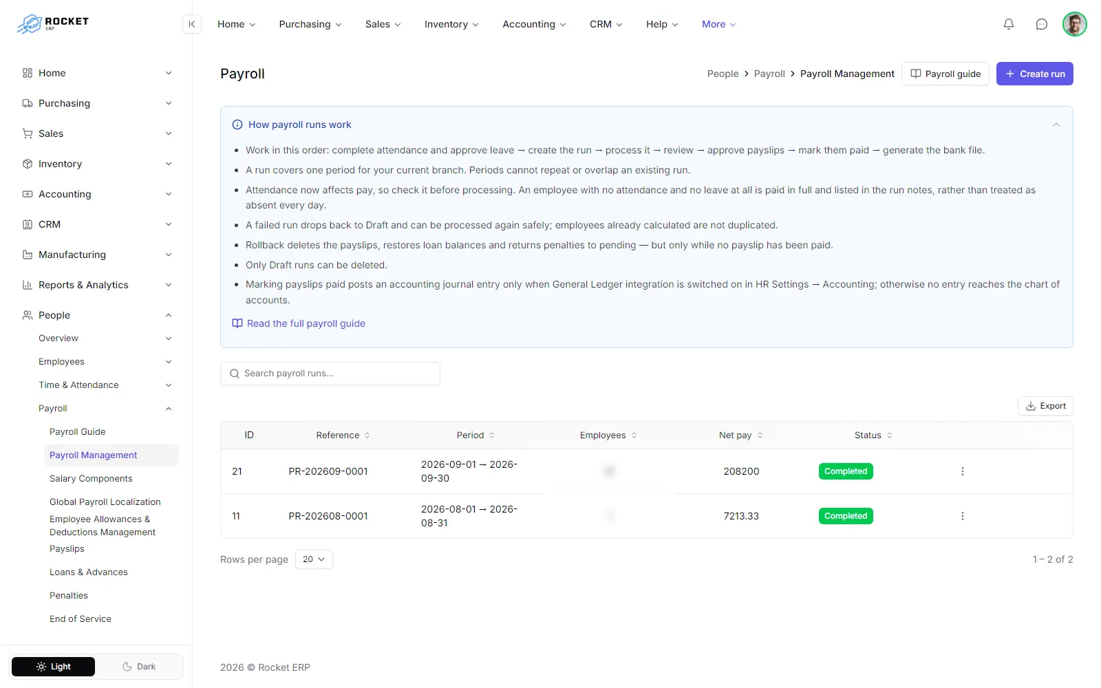 The payroll runs list with reference, period, employees, net pay and status