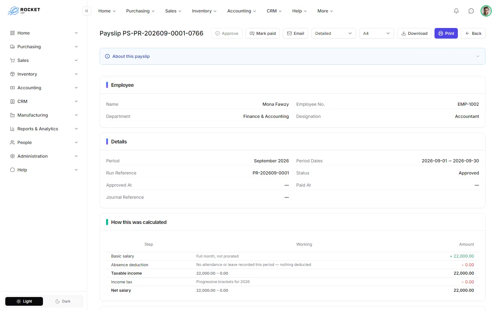 A payslip with the Approve, Mark paid, Email, print and Download actions