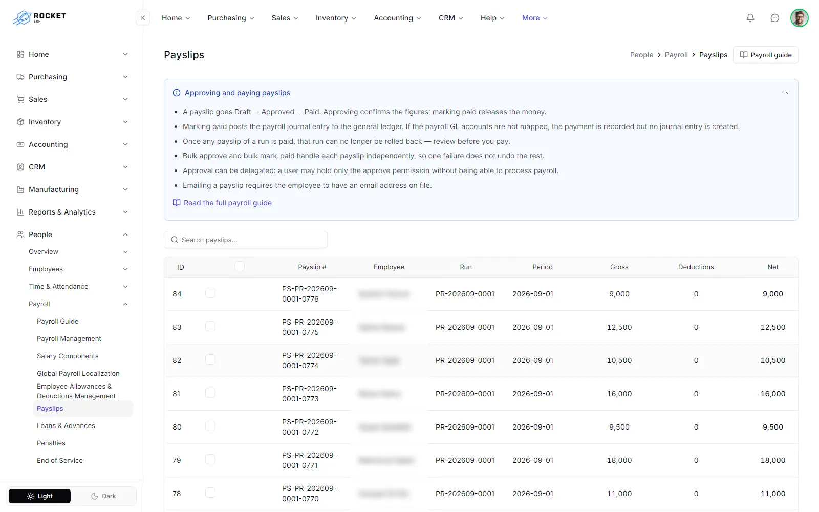 The payslips register with selection boxes, amounts, status and row actions