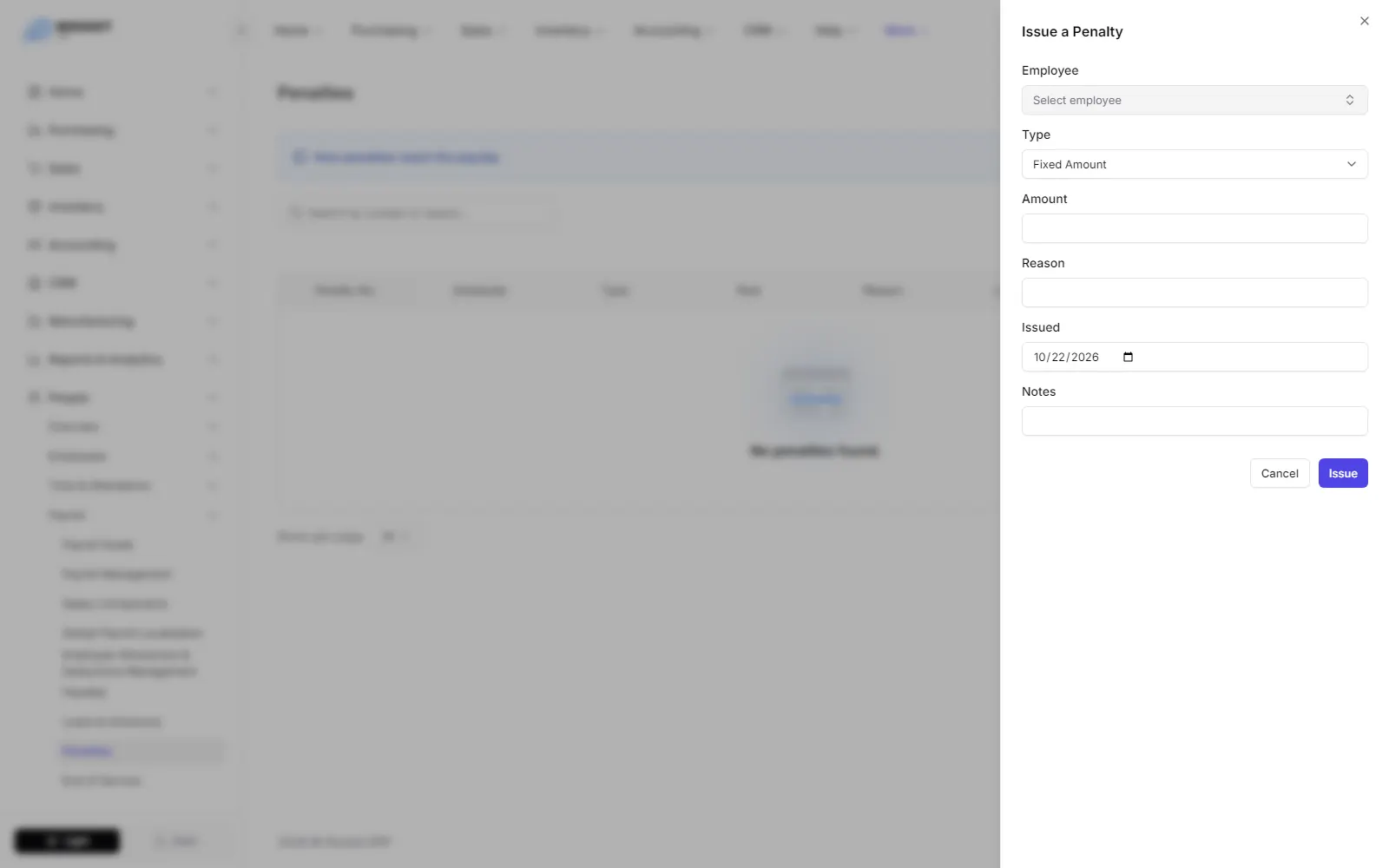 The Issue a Penalty form with employee, type, value, reason and issue date