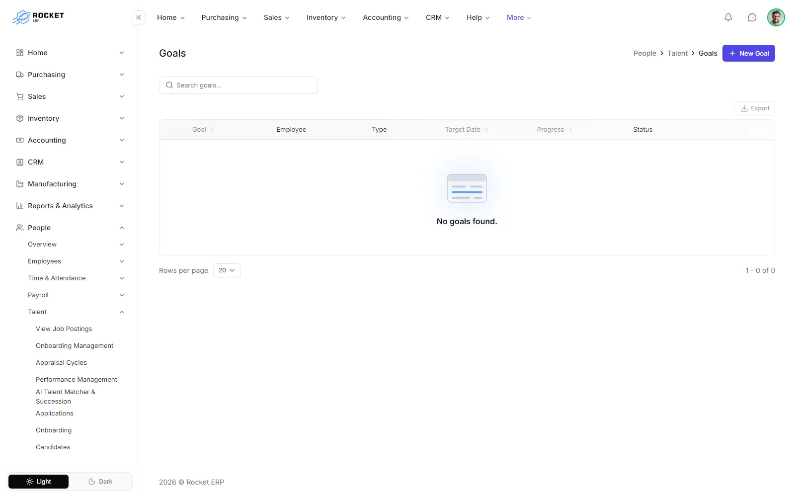 The Goals list with each goal's employee, type, target date, progress bar and status