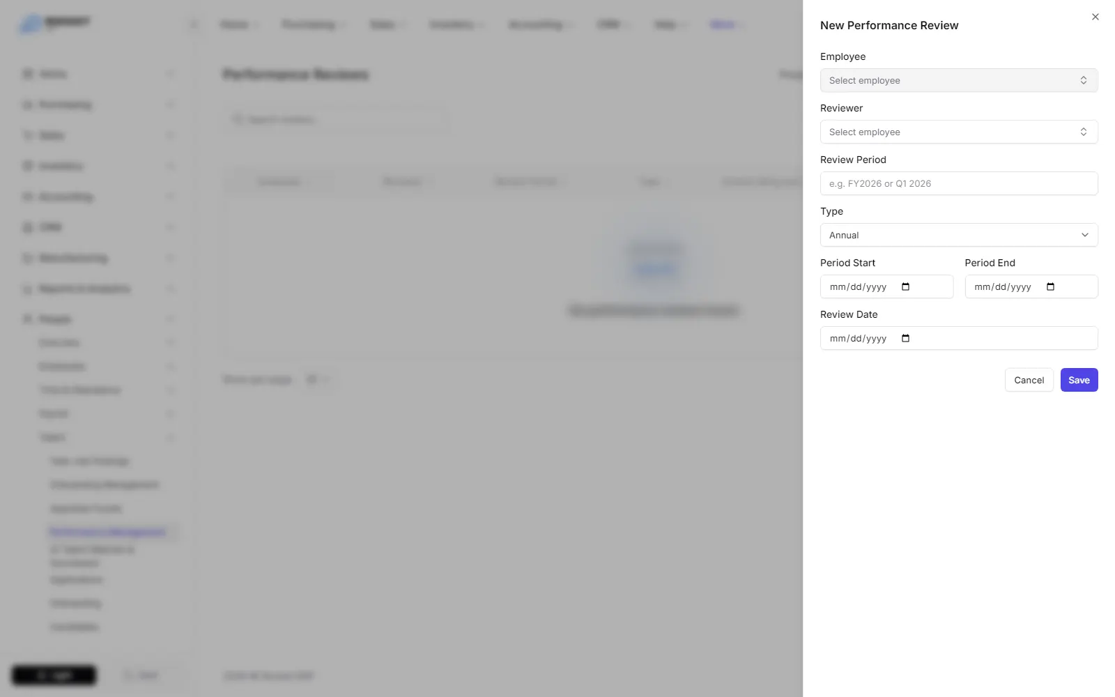The New Performance Review form with the employee, reviewer, review period, type and dates