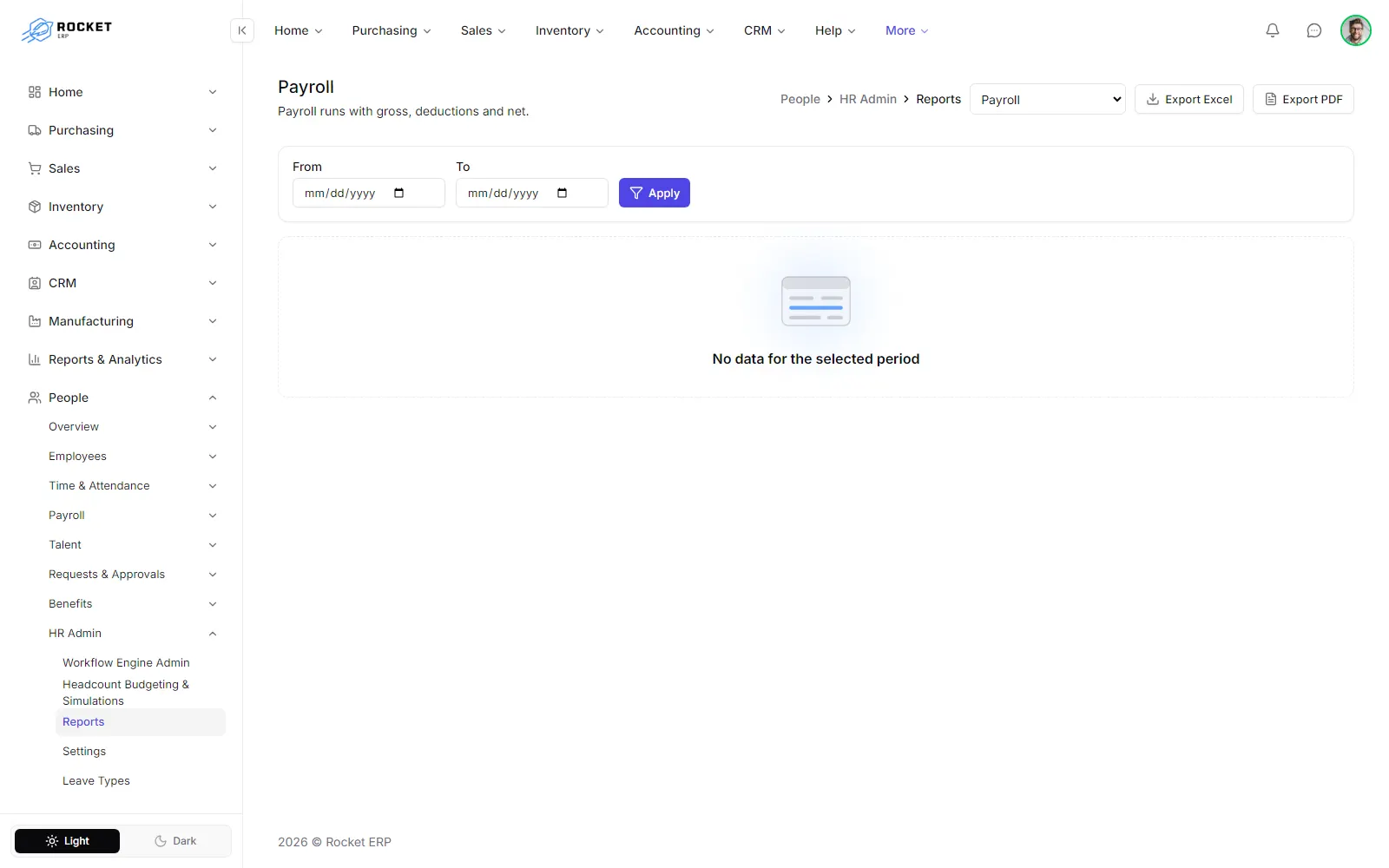 The HR reports screen with the report selector, the date filters and the payroll report table