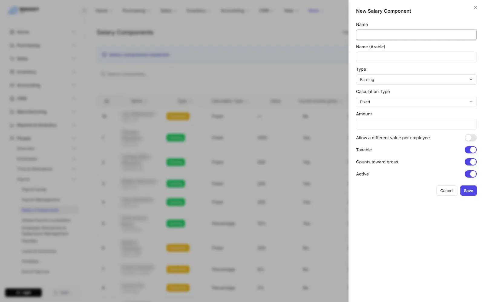 The new salary component form with type, calculation type, value and the switches