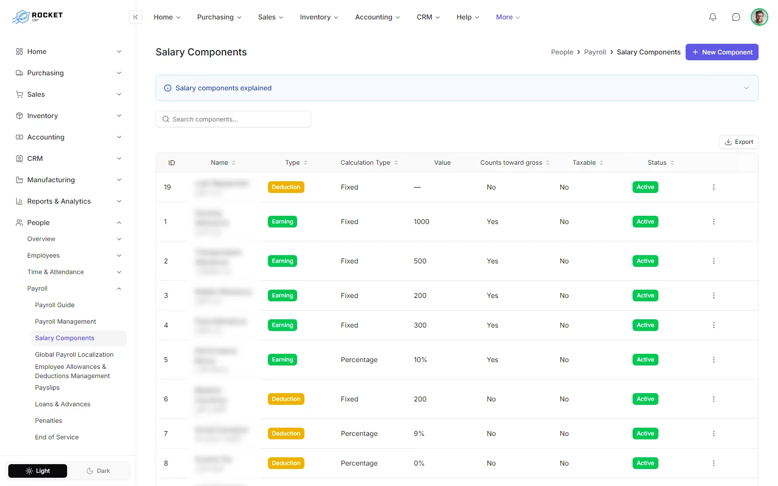 The salary components list with type, calculation type, value and status for each component