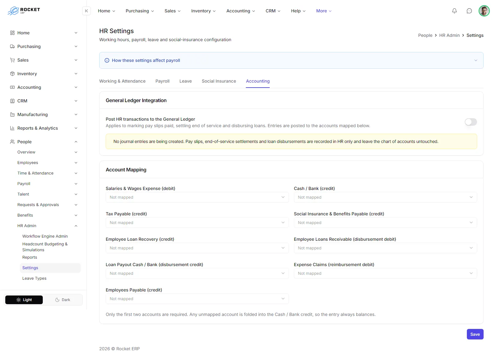 The Accounting tab with the General Ledger integration switch and the payroll account mapping