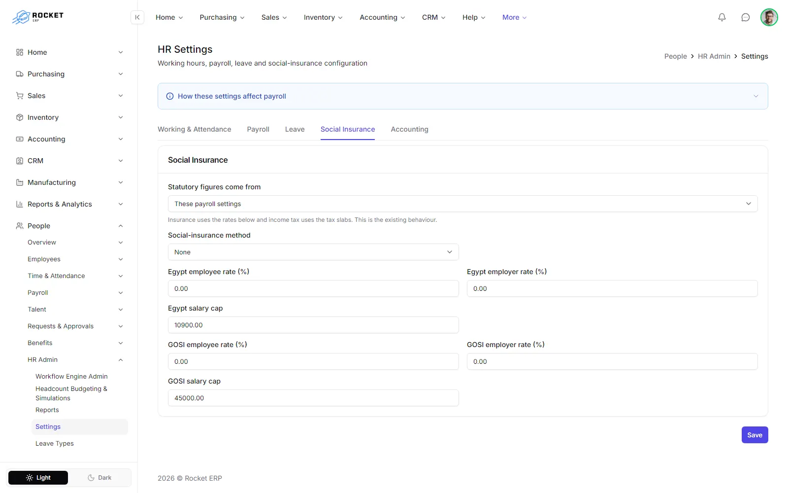 The Social Insurance tab with the statutory source, method, rates and salary caps